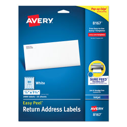 Avery Easy Peel White Address Labels w/ Sure Feed Technology, Inkjet Printers, 0.5 x 1.75, White, 80/Sheet, 25 Sheets/Pack (AVE8167)