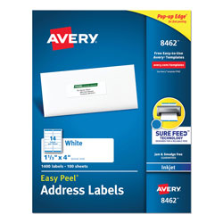 Avery Easy Peel White Address Labels w/ Sure Feed Technology, Inkjet Printers, 1.33 x 4, White, 14/Sheet, 100 Sheets/Box (AVE8462)