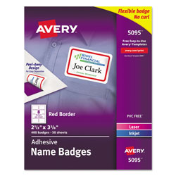 Avery Flexible Adhesive Name Badge Labels, 3.38 x 2.33, White/Red Border, 400/Box (AVE5095)