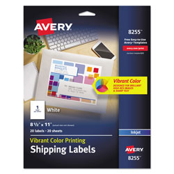 Avery Full-Sheet Vibrant Inkjet Color-Print Labels, 8.5 x 11, Matte White, 20/Pack (AVE8255)