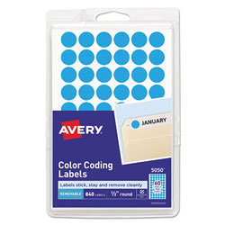 Avery Handwrite Only Self-Adhesive Removable Round Color-Coding Labels, 0.5 in dia., Light Blue, 60/Sheet, 14 Sheets/Pack