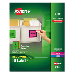 Avery High-Vis Removable Laser/Inkjet ID Labels w/ Sure Feed, 3 1/3 x 4, Neon, 72/PK