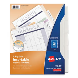 Avery Insertable Big Tab Plastic Dividers, 5-Tab, 11 x 8.5, Clear, 1 Set