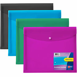 Avery Letter, A4 Recycled Filing Envelope, 450 Sheet Capacity, Plastic, Polypropylene, Black, Aqua, Sage, Plum, 100% Recycled, 4 Pack