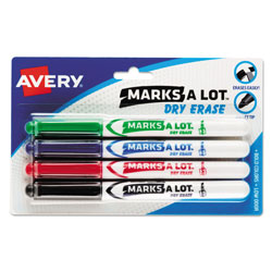 Avery MARKS A LOT Pen-Style Dry Erase Marker, Medium Bullet Tip, Assorted Colors, 4/Set (AVE24459)