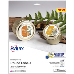 Avery Matte White Sure Feed Labels - 2 1/2 in Diameter - Permanent Adhesive - Round - Laser, Inkjet - White - Paper - 9 / Sheet - 25 Total Sheets - 225 Total Label(s) - 225 / Pack