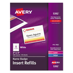Avery Name Badge Insert Refills, Horizontal/Vertical, 3 x 4, White, 300/Box
