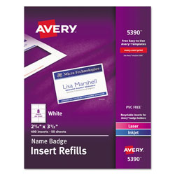 Avery Name Badge Insert Refills, Horizontal/Vertical, 2 1/4 x 3 1/2, White, 400/Box (AVE5390)