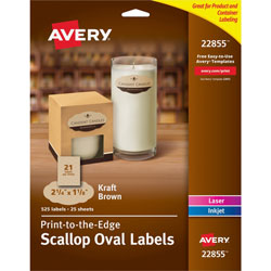 Avery Oval Labels, Scallop, 21/sheet, 2-1/4 in x 1-1/8 in, 525/PK, Kraft Brown