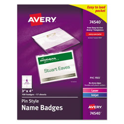 Avery Pin-Style Badge Holder with Laser/Inkjet Insert, Top Load, 4 x 3, White, 100/Box (AVE74540)