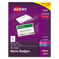 Avery Pin-Style Badge Holder with Laser/Inkjet Insert, Top Load, 3.5 x 2.25, White, 100/Box (AVE74549)