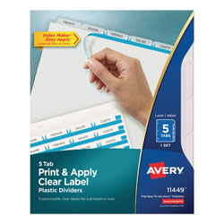Avery Print and Apply Index Maker Clear Label Plastic Dividers with Printable Label Strip, 5-Tab, 11 x 8.5, Translucent, 1 Set