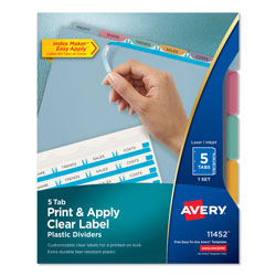 Avery Print and Apply Index Maker Clear Label Plastic Dividers with Printable Label Strip, 5-Tab, 11 x 8.5, Translucent, 1 Set (AVE11452)