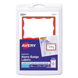 Avery Printable Adhesive Name Badges, 3.38 x 2.33, Red Border, 100/Pack (AVE05143)
