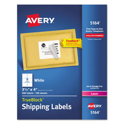 Avery Shipping Labels w/ TrueBlock Technology, Laser Printers, 3.33 x 4, White, 6/Sheet, 100 Sheets/Box (AVE5164)