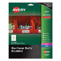 Avery Surface Safe ID Labels, Inkjet/Laser Printers, 0.88 x 2.63, White, 33/Sheet, 25 Sheets/Pack