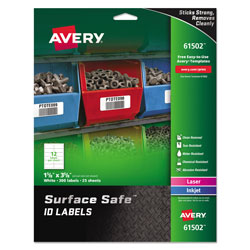 Avery Surface Safe ID Labels, Inkjet/Laser Printers, 1.63 x 3.63, White, 12/Sheet, 25 Sheets/Pack