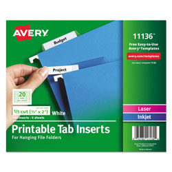 Avery Tabs Inserts For Hanging File Folders, 1/5-Cut Tabs, White, 2" Wide, 100/Pack (AVE11136)