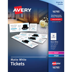 Avery Tickets w/Stubs, Printable, Uncoated, 1-3/4 inx5-1/2 in, 500/PK, White