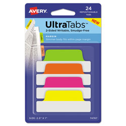Avery Ultra Tabs Repositionable Margin Tabs, 1/5-Cut Tabs, Assorted Neon, 2.5 in Wide, 24/Pack