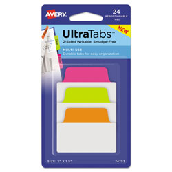 Avery Ultra Tabs Repositionable Standard Tabs, 1/5-Cut Tabs, Assorted Neon, 2 in Wide, 24/Pack