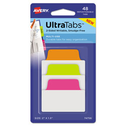 Avery Ultra Tabs Repositionable Standard Tabs, 1/5-Cut Tabs, Assorted Neon, 2 in Wide, 48/Pack