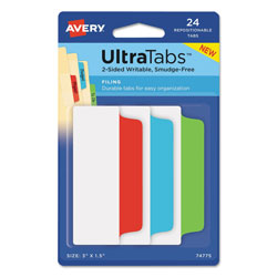 Avery Ultra Tabs Repositionable Wide Tabs, 1/3-Cut Tabs, Assorted Primary Colors, 3 in Wide, 24/Pack