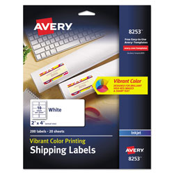 Avery Vibrant Inkjet Color-Print Labels w/ Sure Feed, 2 x 4, Matte White, 200/PK (AVE8253)