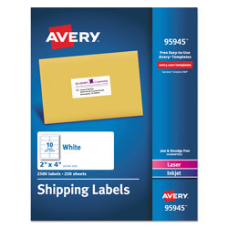 Avery White Shipping Labels-Bulk Packs, Inkjet/Laser Printers, 2 x 4, White, 10/Sheet, 250 Sheets/Box
