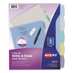 Avery Write and Erase Big Tab Durable Plastic Dividers, 3-Hold Punched, 5-Tab, 11 x 8.5, Assorted, 1 Set