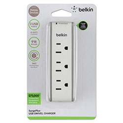 Belkin Surge Protector, 3 Outlets, 15 ft Cord, 918 Joules, Gray/Green/White