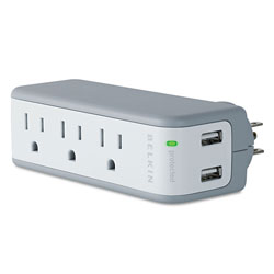 Belkin Wall Mount Surge Protector, 3 Outlets/2 USB Ports, 918 Joules, Gray/White