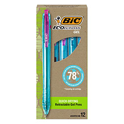Bic Ecolutions Gel Pen, Retractable, Medium 1 mm, Assorted Ink, Blue Barrel, Dozen