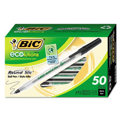 Bic Ecolutions Round Stic Stick Ballpoint Pen, 1mm, Black Ink, Clear Barrel, 50/Pack