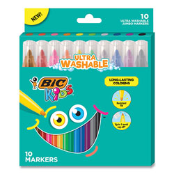 Bic Kids Ultra Washable Jumbo Markers, Medium Bullet Tip, Assorted Colors, 10/Pack