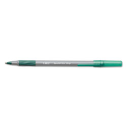 Bic Round Stic Grip Xtra Comfort Stick Ballpoint Pen, 1.2mm, Green Ink, Gray Barrel, Dozen