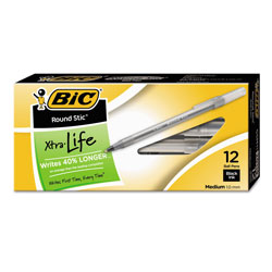 Bic Round Stic Xtra Life Stick Ballpoint Pen, 1mm, Black Ink, Smoke Barrel, Dozen