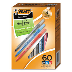 Bic Round Stic Xtra Precision Stick Ballpoint Pen, 1mm, Assorted Ink/Barrel, 60/Pack