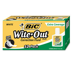 Bic Wite-Out Extra Coverage Correction Fluid, 20 ml Bottle, White, 1/Dozen