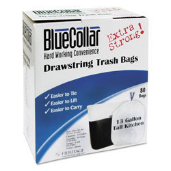 BlueCollar Drawstring Trash Bags, 13 gal, 0.8 mil, 24 in x 28 in, White, 480/Carton