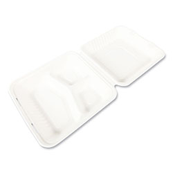 Boardwalk Bagasse PFAS-Free Food Containers, 3-Compartment, 9 x 1.93 x 9, White, Bamboo/Sugarcane, 200/Carton