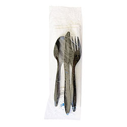 Boardwalk Six-Piece Cutlery Kit, Fork/Knife/Napkin/Pepper/Salt/Spoon, Black, 250/Carton