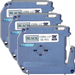 Brother Labeling Tape, Nonlaminated, 1/2 in Size, 3/BD, Black/Silver