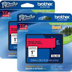Brother Tape Cartridge, Laminated, f/P-Touch 8m, 1 in, 2/BD, Black/Red