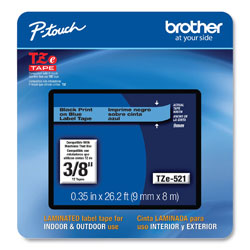 Brother TZe Laminated Removable Label Tapes, 0.35 in x 26.2 ft, Black on Blue