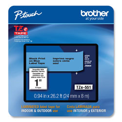 Brother TZe Laminated Removable Label Tapes, 0.94 in x 26.2 ft, Black on Blue