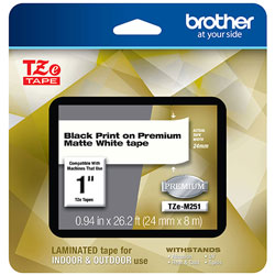 Brother TZe Premium Laminated Tape, 0.94" x 26.2 ft, Black on White (BRTTZEM251)