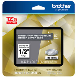Brother TZe Premium Laminated Tape, 0.47 in x 26.2 ft, White on Silver