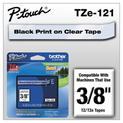 Brother TZe Standard Adhesive Laminated Labeling Tape, 0.35" x 26.2 ft, Black on Clear (BRTTZE121)