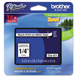 Brother TZe Standard Adhesive Laminated Labeling Tape, 0.23" x 26.2 ft, Black on White (BRTTZE211)